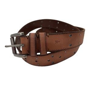 NEW- FRYE men’s brown leather belt silver buckle XL studded grommet 38-44